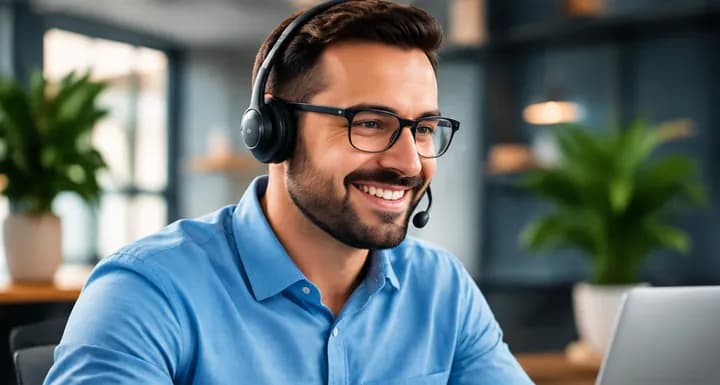 A SloancodeAI specialist wearing a headset, smiling while helping a customer.