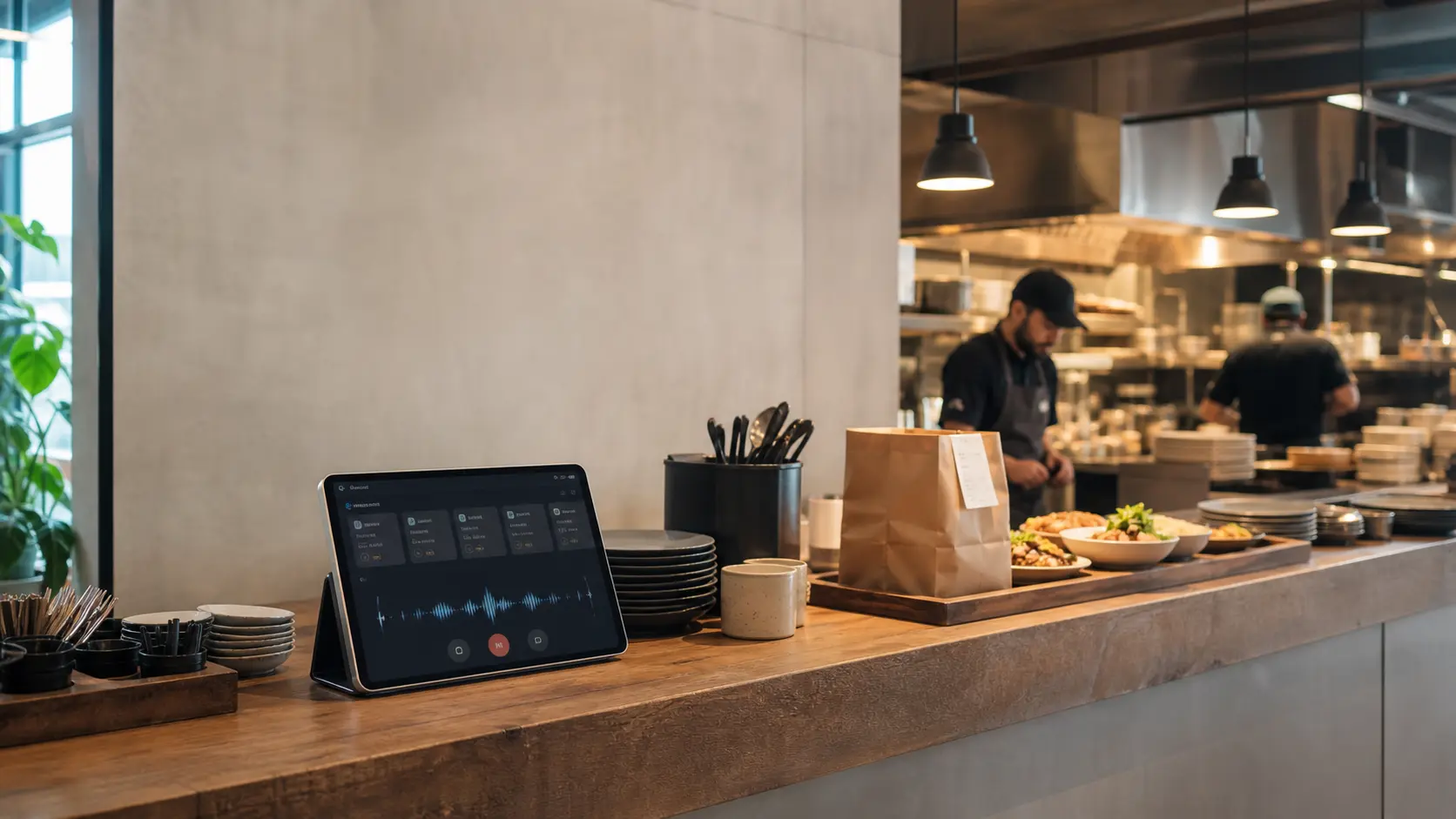 A restaurant counter with the Sloancode AI ordering tablet taking a call while the kitchen works behind it